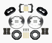 Wilwood front Forged Narrow Superlite 4R kit for Jeep CJ5/CJ7/Scrambler: paired black calipers, 12.19-inch plain-face rotors and hardware laid out