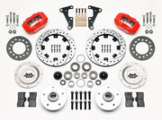 Wilwood front Forged Dynalite Internal kit for Oldsmobile drum spindle: paired red calipers, 11.75-inch drilled and slotted rotors and hardware laid out