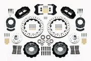 Wilwood front Forged Narrow Superlite 6R kit for Ford/Mercury disc spindle drum spindle: paired black calipers, 12.88-inch drilled and slotted rotors and hardware laid out