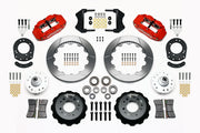 Wilwood front Forged Narrow Superlite 6R kit for Ford/Mercury disc spindle drum spindle: paired red calipers, 12.88-inch slotted rotors and hardware laid out
