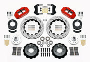 Wilwood front Forged Narrow Superlite 6R kit for Ford/Mercury disc spindle drum spindle: paired red calipers, 14.00-inch drilled and slotted rotors and hardware laid out