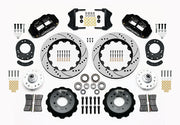 Wilwood front Forged Narrow Superlite 6R kit for Ford/Mercury disc spindle drum spindle: paired black calipers, 14.00-inch drilled and slotted rotors and hardware laid out
