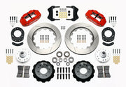 Wilwood front Forged Narrow Superlite 6R kit for Ford/Mercury disc spindle drum spindle: paired red calipers, 14.00-inch slotted rotors and hardware laid out