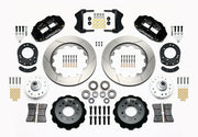 Wilwood front Forged Narrow Superlite 6R kit for Ford/Mercury disc spindle drum spindle: paired black calipers, 14.00-inch slotted rotors and hardware laid out