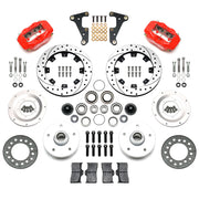 Wilwood front Forged Dynalite Internal kit for Cadillac drum spindle: paired red calipers, 11.75-inch drilled and slotted rotors and hardware laid out