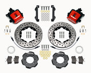 Wilwood rear brake kit for 500, red Combination Parking Brake calipers and 11.00-inch drilled/slotted rotors laid out