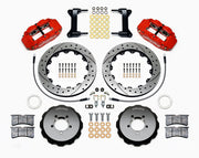 Wilwood front brake kit for Subaru, red Superlite 6R calipers and 13.06-inch drilled/slotted rotors laid out