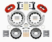 Wilwood front brake kit for Subaru, red Superlite 6R calipers and 14.00-inch drilled/slotted rotors laid out