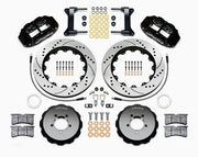 Wilwood front brake kit for Subaru, black Superlite 6R calipers and 14.00-inch drilled/slotted rotors laid out