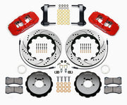 Wilwood front brake kit for Subaru, red AERO6 calipers and 14.00-inch drilled/slotted rotors laid out