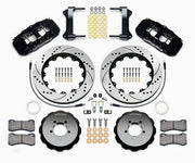 Wilwood front brake kit for Subaru, black AERO6 calipers and 14.00-inch drilled/slotted rotors laid out
