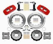Wilwood front brake kit for Subaru, red AERO6 calipers and 14.00-inch slotted rotors laid out