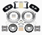 Wilwood front brake kit for Subaru, black AERO6 calipers and 14.00-inch slotted rotors laid out