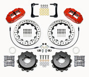 Wilwood rear brake kit for Impreza, red Superlite 4R calipers and 12.88-inch drilled/slotted rotors laid out