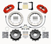 Wilwood rear brake kit for Impreza, red Superlite 4R calipers and 12.88-inch slotted rotors laid out