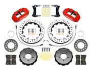 Wilwood front brake kit for MX-5 Miata, red Superlite 6R calipers and 12.88-inch drilled/slotted rotors laid out