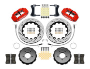 Wilwood front brake kit for MX-5 Miata, red Superlite 6R calipers and 14.00-inch drilled/slotted rotors laid out