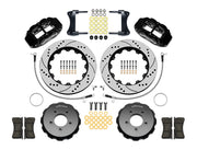 Wilwood front brake kit for MX-5 Miata, black Superlite 6R calipers and 14.00-inch drilled/slotted rotors laid out