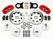 Wilwood front brake kit for listed 1970–1974 Ford/Mercury spindle applications, red Dynapro 6 calipers and 12.19-inch drilled/slotted rotors laid out