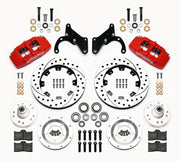 Wilwood front brake kit for Chevrolet, red Dynapro 6 calipers and 12.19-inch drilled/slotted rotors laid out