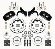 Wilwood front brake kit for Chevrolet, black Dynapro 6 calipers and 12.19-inch drilled/slotted rotors laid out