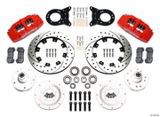 Wilwood front brake kit for listed 1963–1970 Ford/Mercury spindle applications, red Dynapro 6 calipers and 12.19-inch drilled/slotted rotors laid out