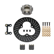 Wilwood left front sprint racing brake kit, gray Dynapro Single caliper and 10.95-inch round drilled rotor laid out
