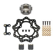 Wilwood left front sprint racing brake kit, gray Dynapro Single caliper and 11.00-inch scalloped and drilled rotor laid out