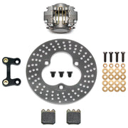 Wilwood left front midget racing brake kit, gray Dynapro Single caliper and 10.20-inch round drilled rotor laid out