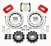 Wilwood rear brake kit for Impreza, red Dynapro Dust Seal Radial Mount calipers and 12.88-inch drilled/slotted rotors laid out