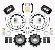 Wilwood rear brake kit for Impreza, black Dynapro Dust Seal Radial Mount calipers and 12.88-inch drilled/slotted rotors laid out