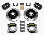 Wilwood Big Ford New Style 2.50-inch-offset rear parking-brake parts layout with black Dynapro lug-mount calipers, 12.19-inch drilled-and-slotted rotors, internal drum parking-brake assemblies, pads and mounting hardware