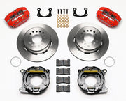 Wilwood Big Ford New Style 2.50-inch-offset rear parking-brake parts layout with red Dynapro lug-mount calipers, 12.19-inch plain-face rotors, internal drum parking-brake assemblies, pads and mounting hardware
