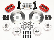 Wilwood GM and Ridetech pin-spindle front parts layout with red Dynapro dust-boot calipers, 11-inch plain-face rotors, separate hubs, bearings, pads and mounting brackets