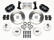 Wilwood GM and Ridetech pin-spindle front parts layout with black Dynapro dust-boot calipers, 11-inch plain-face rotors, separate hubs, bearings, pads and mounting brackets