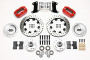 Wilwood GM and Ridetech pin-spindle front parts layout with red Dynapro dust-boot calipers, 12.19-inch drilled-and-slotted rotors, separate hubs, bearings, pads and mounting brackets