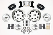 Wilwood GM and Ridetech pin-spindle front parts layout with black Dynapro dust-boot calipers, 12.19-inch drilled-and-slotted rotors, separate hubs, bearings, pads and mounting brackets