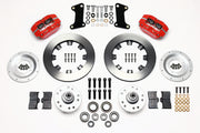 Wilwood GM and Ridetech pin-spindle front parts layout with red Dynapro dust-boot calipers, 12.19-inch plain-face rotors, separate hubs, bearings, pads and mounting brackets