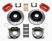 Wilwood Big Ford 2.36-inch-offset rear parking-brake kit laid out with red calipers, drilled-and-slotted rotors, parking-brake assemblies, pads and mounting hardware