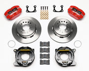 Wilwood Big Ford 2.36-inch-offset rear parking-brake kit laid out with red calipers, plain-face rotors, parking-brake assemblies, pads and mounting hardware