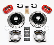 Wilwood Small Ford 2.66-inch-offset rear parking-brake kit laid out with red calipers, drilled-and-slotted rotors, parking-brake assemblies, pads and mounting hardware
