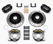 Wilwood Small Ford 2.66-inch-offset rear parking-brake kit laid out with black calipers, drilled-and-slotted rotors, parking-brake assemblies, pads and mounting hardware