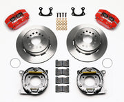 Wilwood Small Ford 2.66-inch-offset rear parking-brake kit laid out with red calipers, plain-face rotors, parking-brake assemblies, pads and mounting hardware