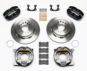 Wilwood Small Ford 2.66-inch-offset rear parking-brake kit laid out with black calipers, plain-face rotors, parking-brake assemblies, pads and mounting hardware