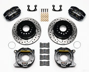 Wilwood Small Ford 2.50-inch-offset rear parking-brake kit laid out with black calipers, drilled-and-slotted rotors, parking-brake assemblies, pads and mounting hardware