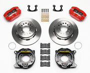 Wilwood Small Ford 2.50-inch-offset rear parking-brake kit laid out with red calipers, plain-face rotors, parking-brake assemblies, pads and mounting hardware