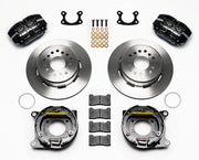 Wilwood Small Ford 2.50-inch-offset rear parking-brake kit laid out with black calipers, plain-face rotors, parking-brake assemblies, pads and mounting hardware
