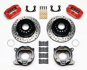 Wilwood Big Ford New Style 2.50-inch-offset rear parking-brake parts layout with red Dynapro dust-boot calipers, 12.19-inch drilled-and-slotted rotors, internal drum parking-brake assemblies, pads and mounting hardware