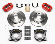 Wilwood Big Ford New Style 2.50-inch-offset rear parking-brake parts layout with red Dynapro dust-boot calipers, 12.19-inch plain-face rotors, internal drum parking-brake assemblies, pads and mounting hardware
