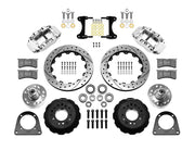 Wilwood TCI IFS front parts layout with polished Superlite 6R calipers, 12.88-inch drilled-and-slotted rotors, separate hubs, bearings, pads and mounting brackets